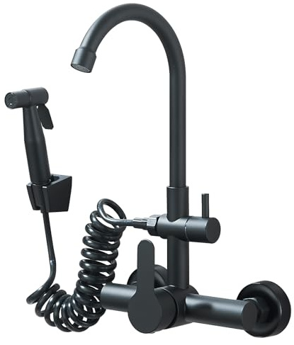 Zamery Grifo de cocina montado en la pared 360° rotación grifo negro cocina con pistola pulverizadora acero inoxidable agua caliente/fría lavadora bañera, negro
