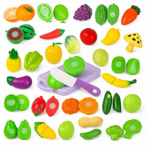 33 Pcs Play Food Sets for Kitchen, Realistic Fruit Cutting Vegetables Set With Mini Utensils Pretend Kitchen Educational Kids Toys, Hook and Loop Fasteners Children House Accessories Gift Girls Boys 3