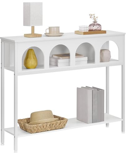 HOOBRO Mesa de Entrada Estrecha, Consola de Estilo Rústico, 3 Estantes, Parte Superior con Arcos, Estructura Metálica, Mesita Auxiliar para Sala o Pasillo, Blanco EWW106XG01