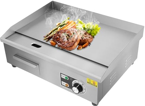 RjcdOPL Grill Électrique 3000 W Acier Inoxydable, Barbecue de Table, Plaque de Grill 8 mm, Température 50–300°C, Réservoir Huile 0,5 L, Idéal pour Snacks et Cafétéria (Plaque Lisse)