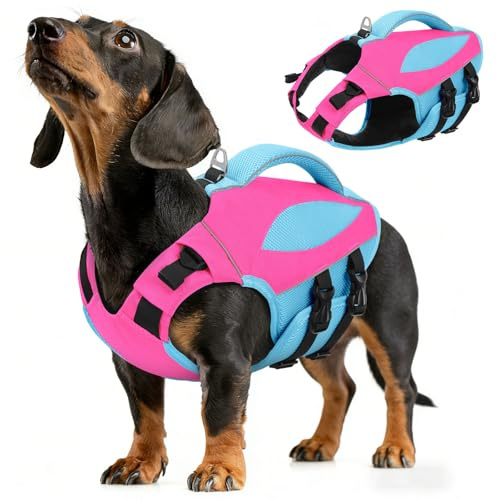 AOFITEE Schwimmweste Hunde Mittel, Hoher Auftrieb Hundeschwimmweste mit Rettungsgrif und D-Ring, Verstellbar Rettungsweste für Hunde Reflektierende Hunde Schwimmweste Französische Bulldogge, Rose, M