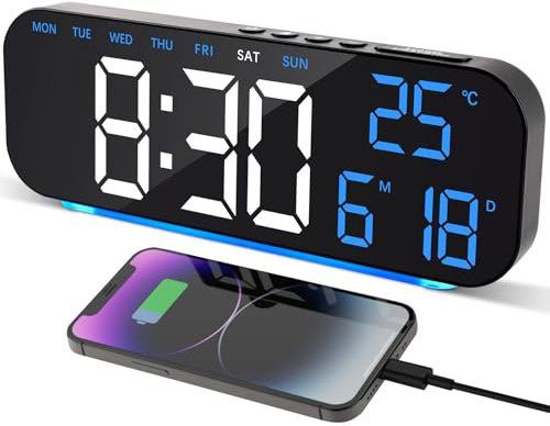 Cuteefun Reloj Despertador Digital, Pantalla LED de 10, Temperatura y Fecha, Doble Alarma, Snooze, Luz Nocturna de 5 Colores, 5 Niveles de Brillo de Pantalla, Reloj Digital Mesa, NúMeros de Azul