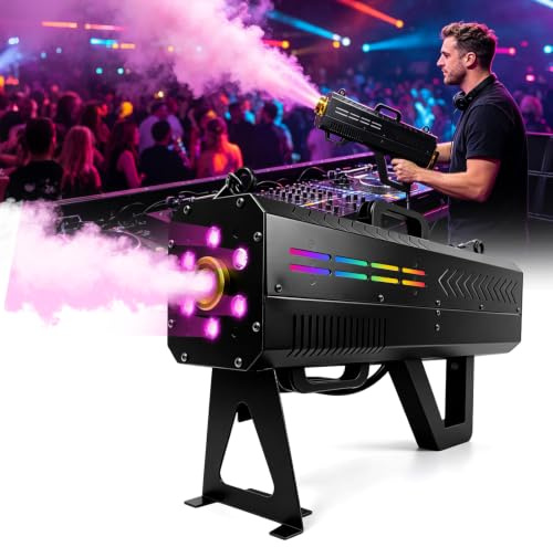 TECKZOON Machine à Fumée 1500W avec 6 LED, Canon à Brouillard Portable avec Support et Bandoulière, Design Double Usage, Fonction Minuterie, Machine à Fumée pour Halloween, DJ, Scène, Mariage et Fêtes