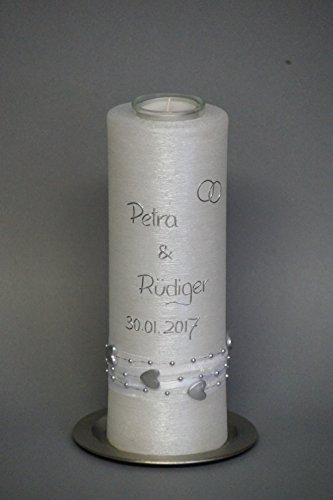 besondere HOCHZEITSKERZE ; 240x68mm ; Perlmutt-Oberfläche mit Teelichteinsatz ; EH-23