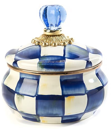 MACKENZIE-CHILDS Enamel Squashed Pot, Cute Enameled Container with Lid, 20 Ounces, Blue-and-White Royal Check