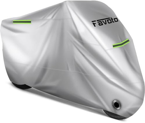 Favoto Motorcycle Cover Waterproof Outdoor Motorbike Vehicle Cover 96.5 Long XXL All Reason UV Protection with Night Reflective Strips Windproof Buckle Lock-Holes Storage Bag Silver