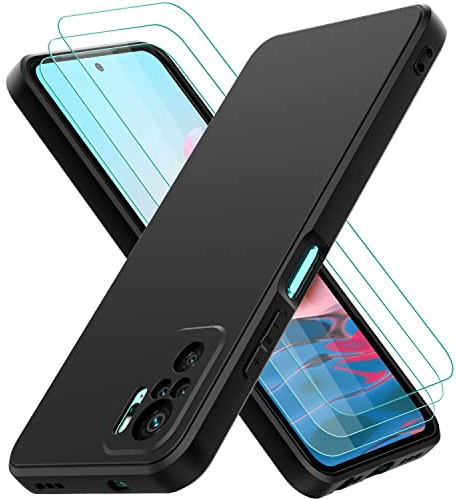 Oureidoo Funda para Xiaomi Redmi Note 10S/ Note 10 4G con 3 Unidades Cristal Templado, Carcasa de Sedoso-Tacto Suave Silicona Líquida, Cubierta a Prueba de Golpes con Forro de Microfibra, Negro