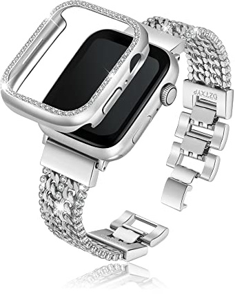 DZTXYP Cowboy metallkristaller och kedjor kompatibla med Apple Watch, armband med glitterfodral 38 mm 40 mm 41 mm 42 mm 44 mm 45 mm iWatch serie 8, 7, 6, 5, 4, 3, 2, 1, SE, silver, 41 mm