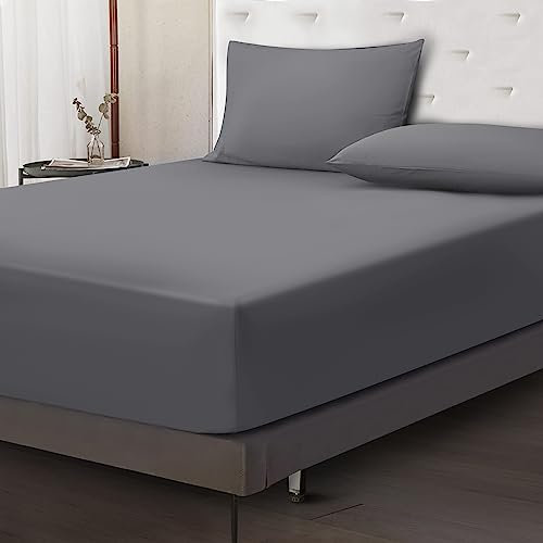 Moonlight Bedding Fitted Sheet 40 Cm Extra Deep Pocket Single Bed Sheets 16 inch Ultra Soft Bottom Sheet Brushed Microfiber Breathable Shrinkage and Fade Resistant (Grey)