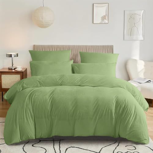 DXHOME - Biancheria da letto invernale soffice, 135 x 200 cm, verde salvia e verde chiaro, morbida, in microfibra reversibile e peluche, copripiumino con chiusura lampo + 1 federa 80 x 80 cm
