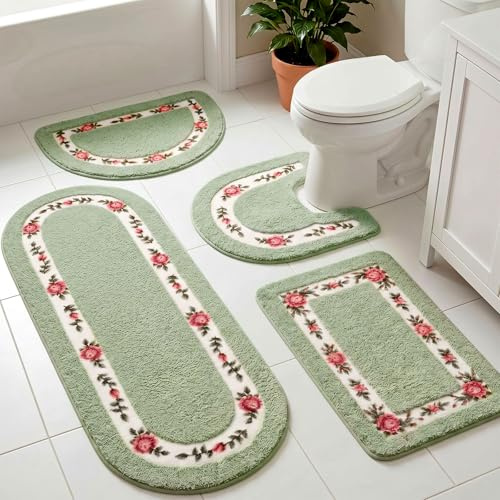Timgle 4 Pcs Rose Flowers Coquette Bathroom Rugs Set Coquette Doom Decor Rose Flower Area Rugs Non Slip Absorbent Washable Door Mat Floral Bathroom Carpet for Home Hotel, 4 Shapes(Green)