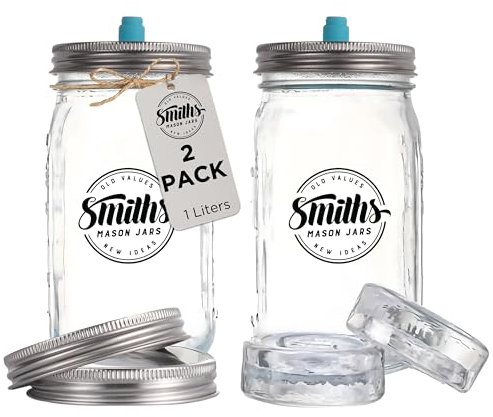 Smiths Mason Jars Fermentierglas 1L - 2er-Pack Fermentiergläser – Fermentierglas mit gärventil für Kimchi, Sauerkraut, Pickles & Sauerteigstarter– Fermentierset - Fermentationsglas Kimchi Behälter
