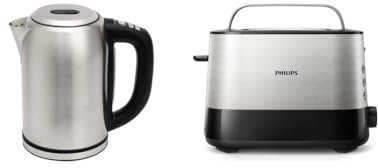 Amazon Basics 1.7L Edelstahlwasserkocher mit Digitalanzeige8 + Philips Toaster – 2 Toastschlitze, 7 Stufen, Brötchenaufsatz, Auftaufunktion