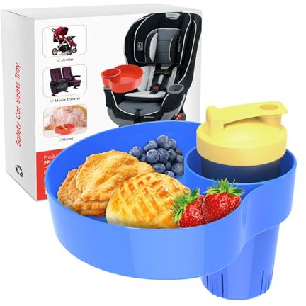 OMYPOTT Car Seat Snack Tray for Kids: Kids Car Seat Tray with Cup Holder, Toddlers Road Trip Essential, Travel Snacks Food Plate for Stroller, Boosters with a Cup Holder (Blue)