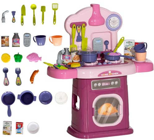 AIYAPLAY Cuisine Enfant Jouets Dinette Accessoires 38 PCS Jouet d'imitation pour Enfant - pour 3-6 Ans avec lumières et Sons réalistes, Rose