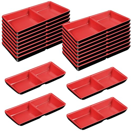 TANEMUDO 16 Pcs Dual Dipping Sauce Bowls with Two Compartments Melamine Soy Sauce Dish Divided Fondue Plates Party Trays for Kitchen Sushi Restaurant (Black,Red)