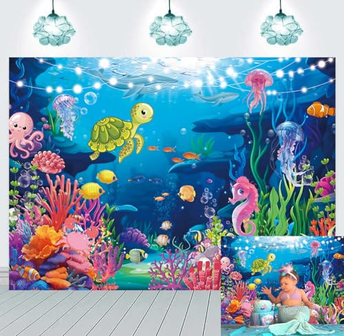 Under the Sea Backdrop Underwater Coral Ocean Animal Photography Background Sea Theme Birthday Baby Shower Party Decorations Photo Booth Props (8x6FT（240x180cm）)