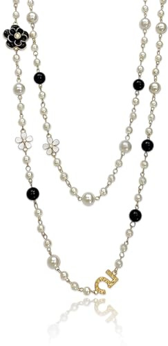 ZORVYN Collana di Perle Lunga Donna con Perle Bianche e Nere a Doppio Filo con Pendente Fiore Camelia e Catena Dorata - Regalo Elegante per Donna