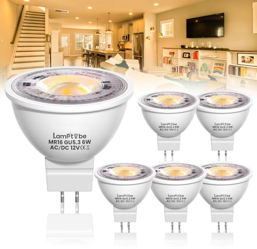 Lamptobe Gu5.3 Mr16 LED 12V Light, 6W Foco blanco cálido 3000K Spot Reemplazo 58W Lámpara reflector Bombilla 480lm Foco 38 °Ángulo de haz, Focos Sin Parpadeo AC/DC 12V, No regulable(6 piezas)