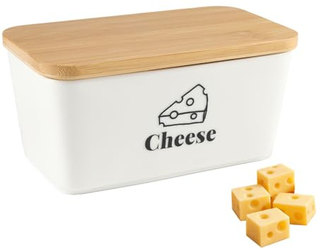 Hynorian Contenitore per formaggio in ceramica con coperchio in bambù, per conservare formaggio in frigorifero