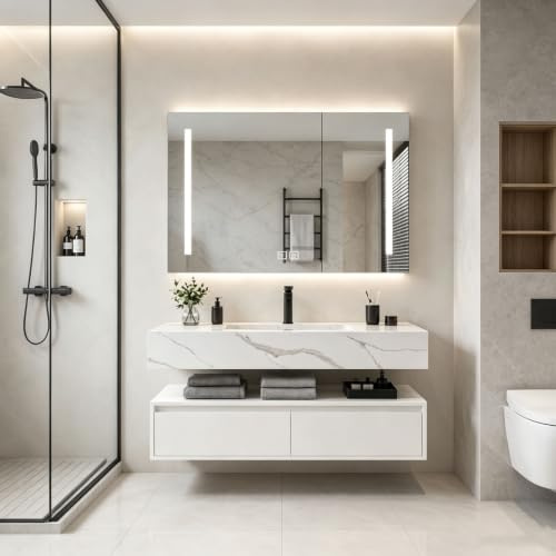 TYXQH Waschbecken mit Unterschrank Badmöbel Set Waschtisch mit Unterschrank | Kratzfester Badezimmerschrank mit Smartem, Beschlagfreiem Spiegel Sanftem Licht(White+white,60cm)