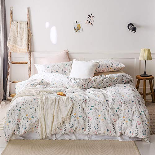 AMWAN Bettwäsche-Set mit Blumenmuster, 100% Baumwolle, 1 x Bettbezug und 2 Kissenbezüge, 1 x Bettbezug und 2 Kissenbezüge, 1 x Queen-Size-Bett