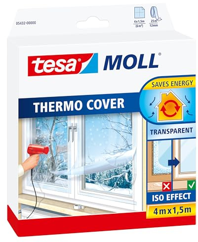 tesamoll Thermo Cover Fenster-Isolierfolie - Transparente Isolierfolie zur Wärmedämmung an Fenstern - Inklusive praktischer Klebelösung - 4 m x 1,5 m