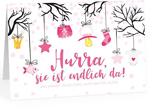 Große Design Glückwunsch-Karte XXL (A4) zur Geburt, Motiv: Hurra, sie ist endlich da - für Mädchen/mit Umschlag/Edle Klappkarte/Maxi Gruß-Karte/Baby geboren/Gratulation Eltern