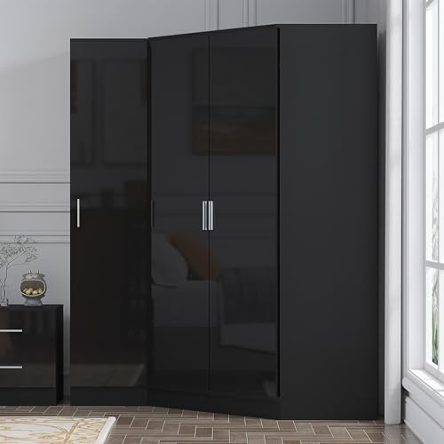 Reflect 2 Piece Wardrobe Bundle | 2 Door Corner + 1 Door Plain | Black Gloss & Black Oak Finish | H: 180cm x W: 141cm x D: 103cm | Modern Bedroom Furniture Storage Solution