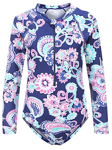 Moon Tree Big Girls Swimming Costume One Piece Swimsuit Long Sleeve Rash Guard Blue Age 11-12 Years