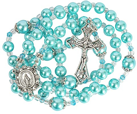 Nazareth Store Hellblaue Perlen Perlen Rosenkranz Katholische Halskette mit Wundermittel Medaille Kreuz Kruzifix Silberfarbene Rosenkränze in Samttasche