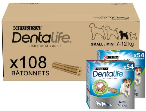 PURINA DENTALIFE MINI | Leckerli für kleine Hunde | 108 Kaustäbchen | Getreide | Maxi Pack | 2 x 882 g | Mundhygiene