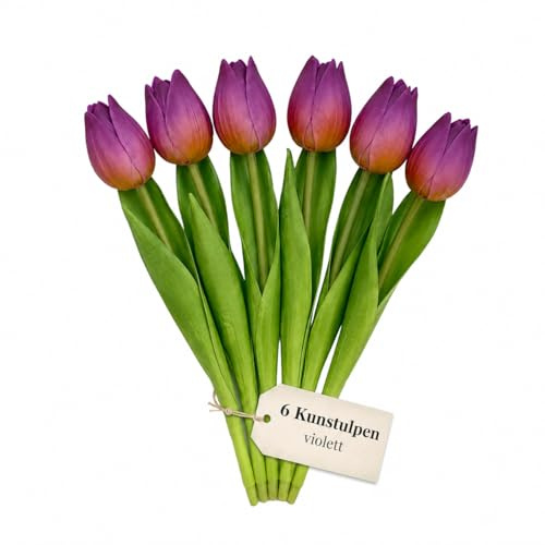 MIJOMA Künstliche Tulpen – realistisch wirkende Kunstblumen mit biegsamen Stielen für Vase, Tischdeko, Zuhause, Feier und Hochzeit - 6 Stück - Länge 19cm - violett