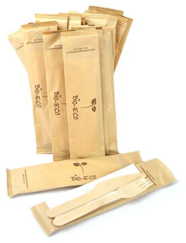 IMBALLAGGI ALIMENTARI PZ 50 bis Posate in Legno FORCHETTA Coltello E TOVAGLIOLO IMBUSTATE in Busta 100% Carta