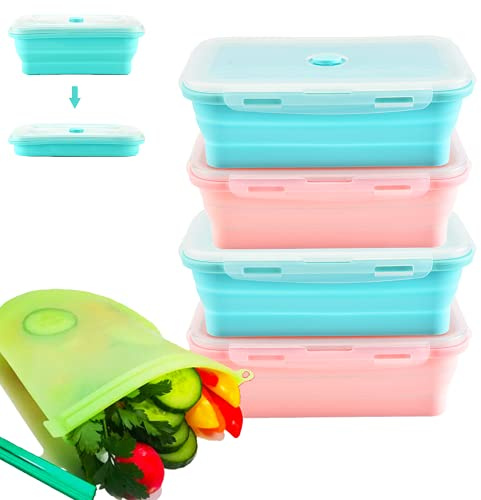 Faltbare Silikon-Lebensmittel-Aufbewahrungsbehälter, 4 Stück, 800 ml, Silikon-Lunchbox, gratis Silikon-Lebensmittel-Aufbewahrungsbeutel, Gefrierschrank, Ofen, Mikrowelle und Spülmaschine geeignet