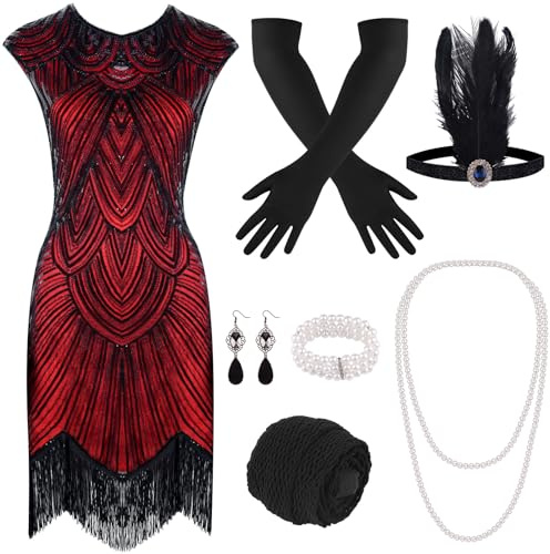 PLULON Vestido Estilo Flapper con Flecos y Lentejuelas de los años 20 con Conjunto de Accesorios de los años 20
