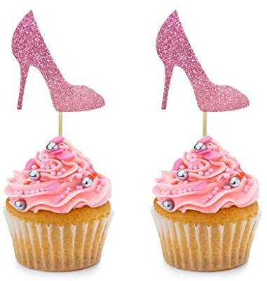 24 PCS Pink Glitter Highs Heel Cupcake Toppers for Wedding Engagement Bridal Shower Party Birthday Party Stiletto Theme Party Cake Decorations Supplies Picks