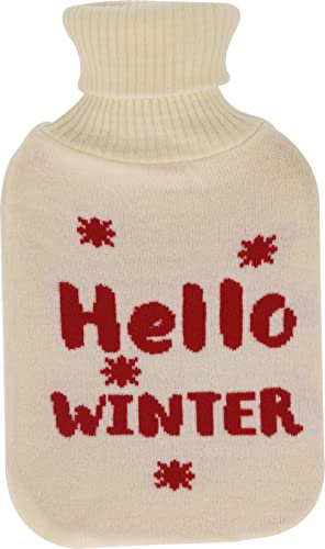 Wärmflasche mit flauschig weichem Strickbezug und mit Wintermotiv, 33 cm 1 Liter (Hello Winter - ecru/rot)
