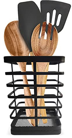 Flatro Black Metal Wire Utensil Organiser and Drainer | Compact Kitchen Utensil Holder for Metal Spatulas, Wooden Spoons and Tongs