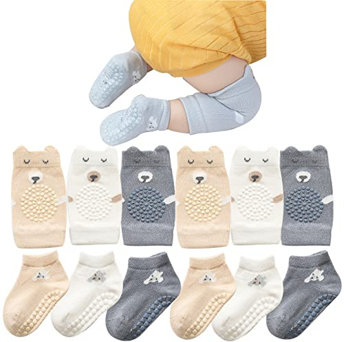 Hanzapor Baby Crawling 3 Pairs Baby Socks and 3 Pairs Baby Knee Pads 0-24 Months Boys Girls Non-Slip Socks Stopper Socks, Little Bear, 12-24 Monate