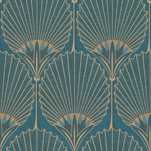 Grandeco Art Deco Nile Palm Textured Wallpaper, Blue Gold