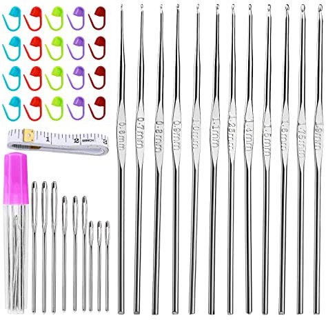 Lot de 42 crochets à crochet, aiguilles à tricoter avec poignée en aluminium de 0,6 mm à 1,9 mm, outil de crochet en dentelle avec aiguilles émoussées à grand œil pour tricoter, artisanat de fil