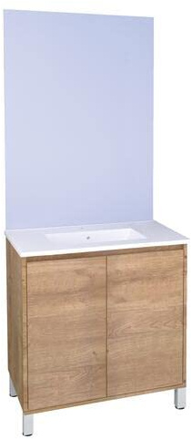 ONDÉE Meuble à Poser BELIS + Miroir affleurant Bois 80cm Plan fsc Rangement | Classique et Intemporel, 2 Portes Prise de Main, Livré monté, Gamme Zen à Vivre, céramique vasque, norme
