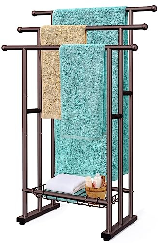 Kayfia Porte-Serviettes sur Pied de 101,6 cm de Haut pour Salle de Bain, 3 Niveaux, avec Panier de Rangement, à Placer à côté de la Baignoire ou de la Douche (Bronze)