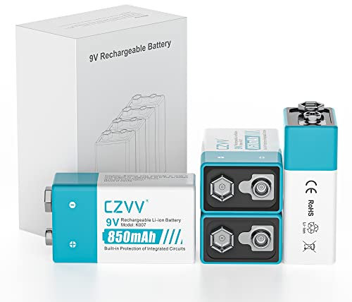 czvv Batteria 9V ricaricabile Litio -Alta Capacità 850mAh - Pile Ricaricabili Li-ion 4 PCS - 1300 Cicli - Bassa Autoscarica, Durata Ultra Lunga 10 Anni, Microfono, Allarme antifumo(6LR61, 1604,6F22)
