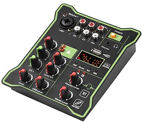 HUIOP Consola de mezcla de audio compacta de 5 canales, fuente de alimentación fantasma 48V, interfaz de audio USB, pantalla LED, efecto de reverberación incorporado, función BT para grabación de DJ
