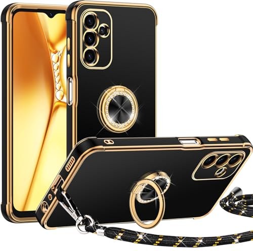 Miss Arts for Samsung A15 5G Case with Ring Holder stand, Electroplated Luxury Phone Case with Lanyard Women Girls, Soft TPU Protective Shockproof Cover for Samsung Galaxy A15 5G -Black