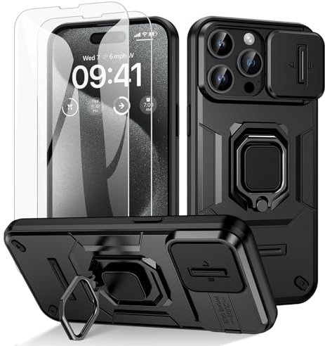 Doeshine für iPhone 15 Pro Max Hülle, mit 360° Ständer & Kameraschutz, Military Grade Handyhülle mit Ring Stand Multifunktion Schutzhülle Outdoor Case mit 2 Stück Schutzfolie (Schwarz)