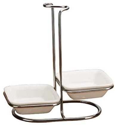 Duiaynke Porta mestolo da cucina in ceramica con ciotola in ceramica in acciaio inox verticale portautensili (doppia ciotola quadrata, argento)