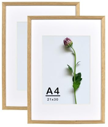 Atryinous Marco de fotos A4, 21 x 30 cm, marco de madera con paspartú para DIN A5, 15 x 21 cm, para colgar/colocar fotos/carteles, collages modernos, roble fotográfico, juego de 2 unidades